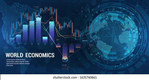 3D Earth Globe with graphics and charts. World business and economics concept. Stock market, forex and world investment, Financial investment and economic trends. Vector illustration