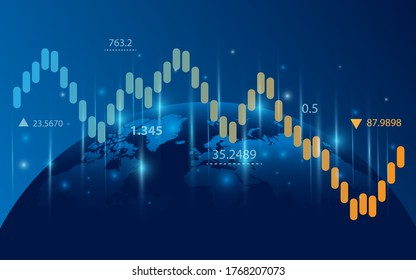 Globo terrestre 3D con gráficos y gráficos. El concepto de negocios y economía mundial. Mercado de valores, divisas e inversión mundial. La inversión financiera y las tendencias económicas. Ilustración del vector