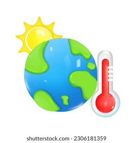 3d vector de icono de globo terrestre. Temperatura termómetro caliente. 3d cambio climático, aumento de la temperatura y concepto de calentamiento global. Aislado sobre fondo blanco. Ilustración de vectores de iconos de 3 d