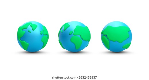 3D Earth Globe Icons With Simple Green Continents and Blue Oceans. Ideal for Environmental, Educational, and Global Concepts. Bright Minimal Cartoon Style. Vector Illustration.