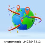 3d earth globe and map pins icon. online deliver service, delivery tracking, pin location point marker of shipment map. World traveling or GPS navigation concept. 3d rendering. Vector illustration