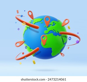 3d earth globe and map pins icon. online deliver service, delivery tracking, pin location point marker of shipment map. World traveling or GPS navigation concept. 3d rendering. Vector illustration