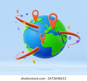 3d earth globe and map pins icon. online deliver service, delivery tracking, pin location point marker of shipment map. World traveling or GPS navigation concept. 3d rendering. Vector illustration