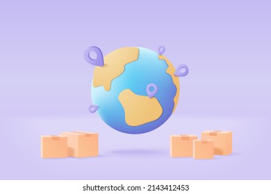 3D earth globe with pinpoints online deliver service, delivery tracking, pin location point marker of 3d globe concept. Product shipping out from world map. Logistic icon 3d vector render illustration
