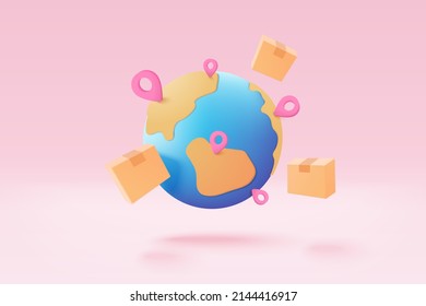 3D earth globe con puntos en línea ofrecen servicio de entrega, seguimiento de entrega, marcador de posición de pin del concepto de envío. Envío de productos desde el mapa del mundo. Icono logístico Ilustración vectorial 3d