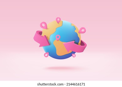 3D earth globe with pinpoints online deliver service, delivery tracking, pin location point marker of shipment concept. Product shipping out from world map. Logistic icon 3d vector render illustration