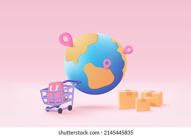 3D earth globe with pinpoints online deliver service, delivery tracking, pin location point marker of shipment concept. Product shipping out from world map. Logistic icon 3d vector render illustration