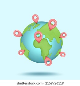 3D earth globe with pinpoints online deliver service, delivery tracking, pin location point marker of 3d globe concept. Product shipping out from world map. Logistic icon 3d vector illustration