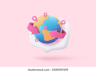 3D earth globe with pinpoints online deliver service, delivery tracking, pin location point marker of shipment. Product shipping out from world map. 3d geography sphere icon vector render illustration
