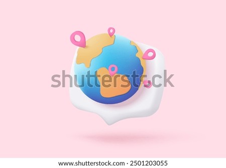 3D earth globe with pinpoints online deliver service, delivery tracking, pin location point marker of shipment. Product shipping out from world map. 3d geography sphere icon vector render illustration