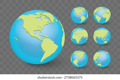 3D Earth Globe Set with Multiple World Views – Blue and Green Planet World Map Showing America, Europe, Africa, Asia and Australia, Isolated on Transparent Background Vector Illustration