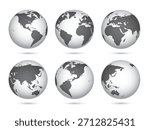 3D Earth Globe Set with World Maps – Hemisphere and Continental Views of the Planet with Soft Shadows, Global Geography Spheres for Atlas, Education, and Infographics – Vector Illustration