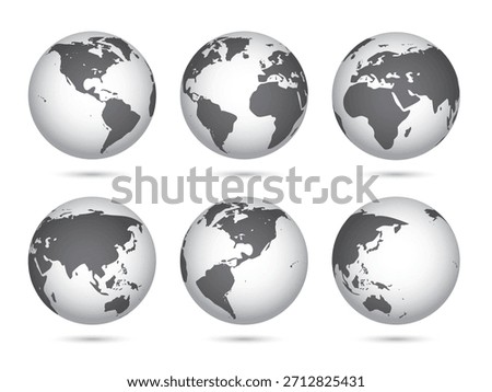 3D Earth Globe Set with World Maps – Hemisphere and Continental Views of the Planet with Soft Shadows, Global Geography Spheres for Atlas, Education, and Infographics – Vector Illustration
