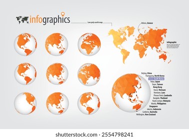 3D earth globe with triangular pattern (low poly). World map. All continents