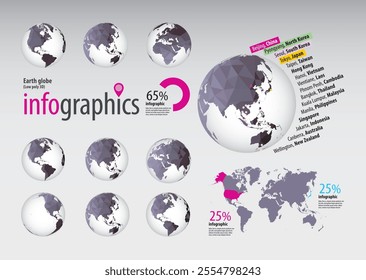 3D earth globe with triangular pattern (low poly). World map. All continents