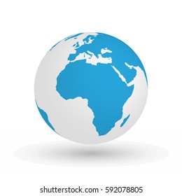 3D Earth globe. Vector EPS10 illustration of planet with blue continents silhouette. Focused on Africa.