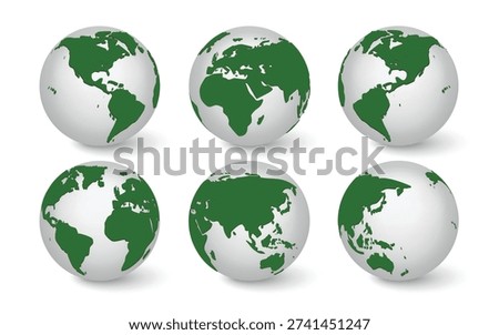 3D Earth Globe Vector Set with Asia Europe Africa Americas and Australia Green World Map Spheres