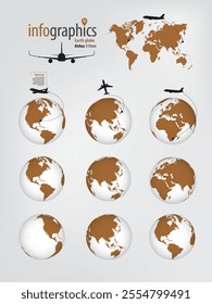 3D earth globe. World map and airbus A320 neo symbols.