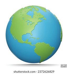 Globos de la Tierra 3D con sombra sobre fondo blanco. Mapa del mundo verde, azul y moderno. Planeta mundial. Viaja por el mundo, el Día de la Tierra o el concepto de conservación del medio ambiente. Ilustración vectorial 3D.