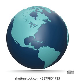 3D Earth Globes with shadow on white background. Blue Modern world map. World planet. Travel around the world, Earth Day, or environment conservation concept. 3D vector illustration.