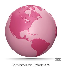 3D Earth Globes with shadow on white background. Pink Modern world map. World planet. Travel around the world, Earth Day, or environment conservation concept. 3D vector illustration.