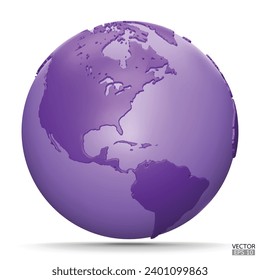 3D Earth Globes with shadow on white background. Purple Modern world map. World planet. Travel around the world, Earth Day, or environment conservation concept. 3D vector illustration.