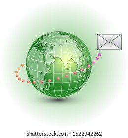3D  Earth icon. Vector Planet illustration with the paper envepole. Bussines bunner. Letter that flayes around the earth.