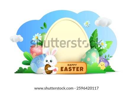 3d Easter background with cute rabbit, eggs and flowers and blue cloud shape. Vector illustration for festive design template. Eps 10.