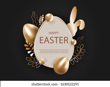 3d Easter Background. 3d Realistic Goldr Eggs, Bunny. Christ Is Risen. Vector Holiday Illustration Of Gold Easter Eggs For Easter. Christian Symbols Of Religion. Happy Easter, Bunny, Background. Copy