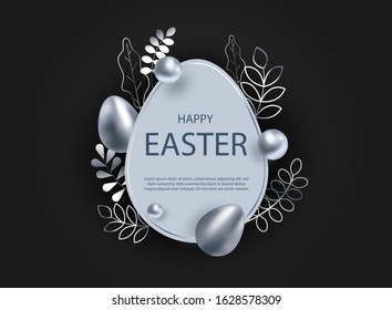 3d easter background. 3d realistic silver eggs. Christ is risen. Vector holiday illustration of silver easter eggs for easter. Christian symbols of religion. The egg is ready. Decor Elements