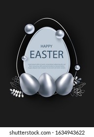 3d easter background. 3d realistic silver eggs. Christ is risen. Vector holiday illustration of silver easter eggs for easter. Christian symbols of religion. The egg is ready. Decor Elements