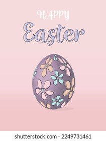3D Easter banner with beautiful painted eggs. Lilac, violet and pink eggs. Floral pattern. 