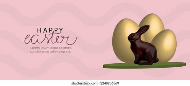 3D Easter banner with chocolate bunny and beautiful golden eggs in grass. Easter egg hunt concept or egg decoration art.
