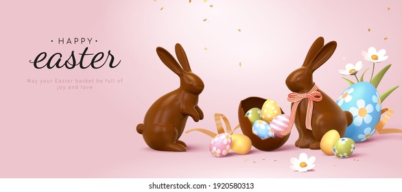 3d Easter banner with chocolate rabbits and beautiful painted eggs. Concept of Easter egg hunt or egg decorating art.