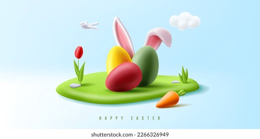 3d Easter banner with colorful eggs, bunny ears hiding behind, carrot and tulip on an island on green grass