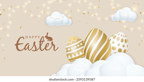 3d Easter banner with Easter eggs and cloud and gold glitter and neon light on beige background. golden luxury background