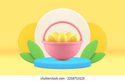 3d La cesta de Pascua con el escenario peatonal de los huevos dorados muestra las vacaciones de la fiesta presentan una ilustración vectorial realista. Celebración religiosa tradicional festividad círculo podio con hojas de primavera decoración elemento diseño