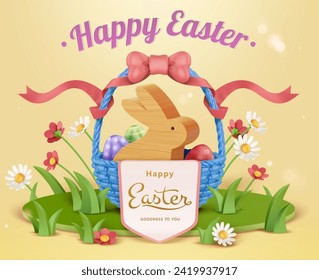 3D Easter basket with painted eggs and wooden bunny on garden theme podium.