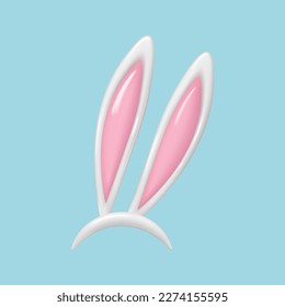 3d Easter bunny ears. Rabbit ears realistic 3d vector illustration. Hare costume white and pink element. Photo editor, booth, video chat app isolated on blue background.