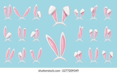 3 d Años de conejito de Pascua aislados. Colección realista de orejas de liebre blanca. Banda de orejas de conejo de dibujos gráficos divertidos de plástico para diseño de disfraces ilustración vectorial de conejo de Pascua o conejo