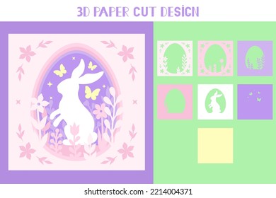 3D Easter bunny shadow box. Vector layered tunnel card. Cute hare with butterflies and flowers. Template for paper cutting. Easter light box. 7 layers.