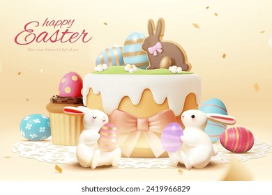 3D Easter cakes, painted eggs and adorable white bunnies on light beige background.