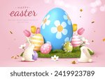 3D Easter card with bunnies in front of painted eggs on the grass surrounded by flowers.