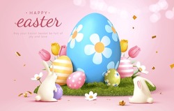 3D Easter Card With Bunnies In Front Of Painted Eggs On The Grass Surrounded By Flowers.