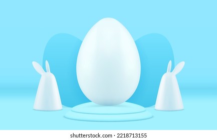 3d Easter chicken egg on circle podium steps pedestal surrounded by rabbit religious holiday celebration realistic vector illustration. Blue Christianity spring festive platform level for congrats