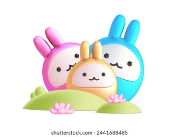 3d Easter decoration design element for Easter template. Cartoon cute rabbits, spring grass and flower on pink background. Easter egg hunt scene. Vector springtime illustration