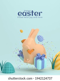 3D Easter design. Carrot. Spring holiday. Festive Easter eggs. blue background. Vector illustration. bunny. Rabbit modern template. Minimal background. Banner. poster. Gift box. Vector illustration