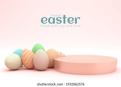3D Easter design. Spring holiday. Festive Easter eggs. pink background. Vector illustration. podium. Realistic stage. Modern Creative template. Minimal background. Banner and poster. cover brochure