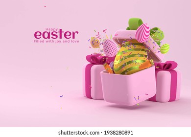 3D Easter design. Spring holiday. Festive Easter eggs. pink background. Vector illustration. carrot. Modern template. Minimal background. Banner. Gift box. poster. cover brochure