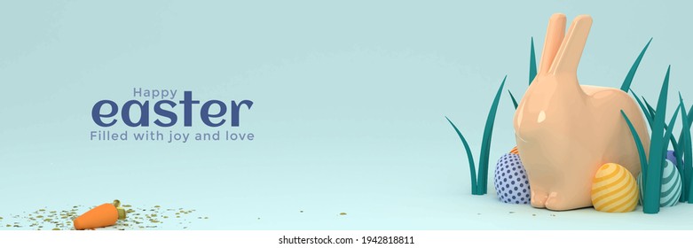 3D Easter design. Spring holiday. Festive Easter eggs. blue background. Vector illustration. bunny. Rabbit modern template. Minimal background. Banner. poster. Vector illustration